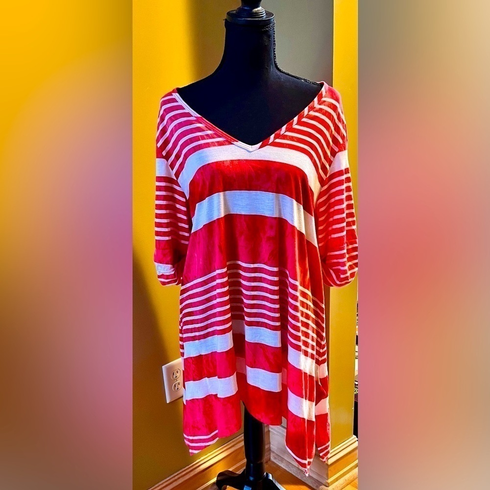 New Directions Women’s Size 2X Soft Striped Red White Comfort Top Waldo Loose